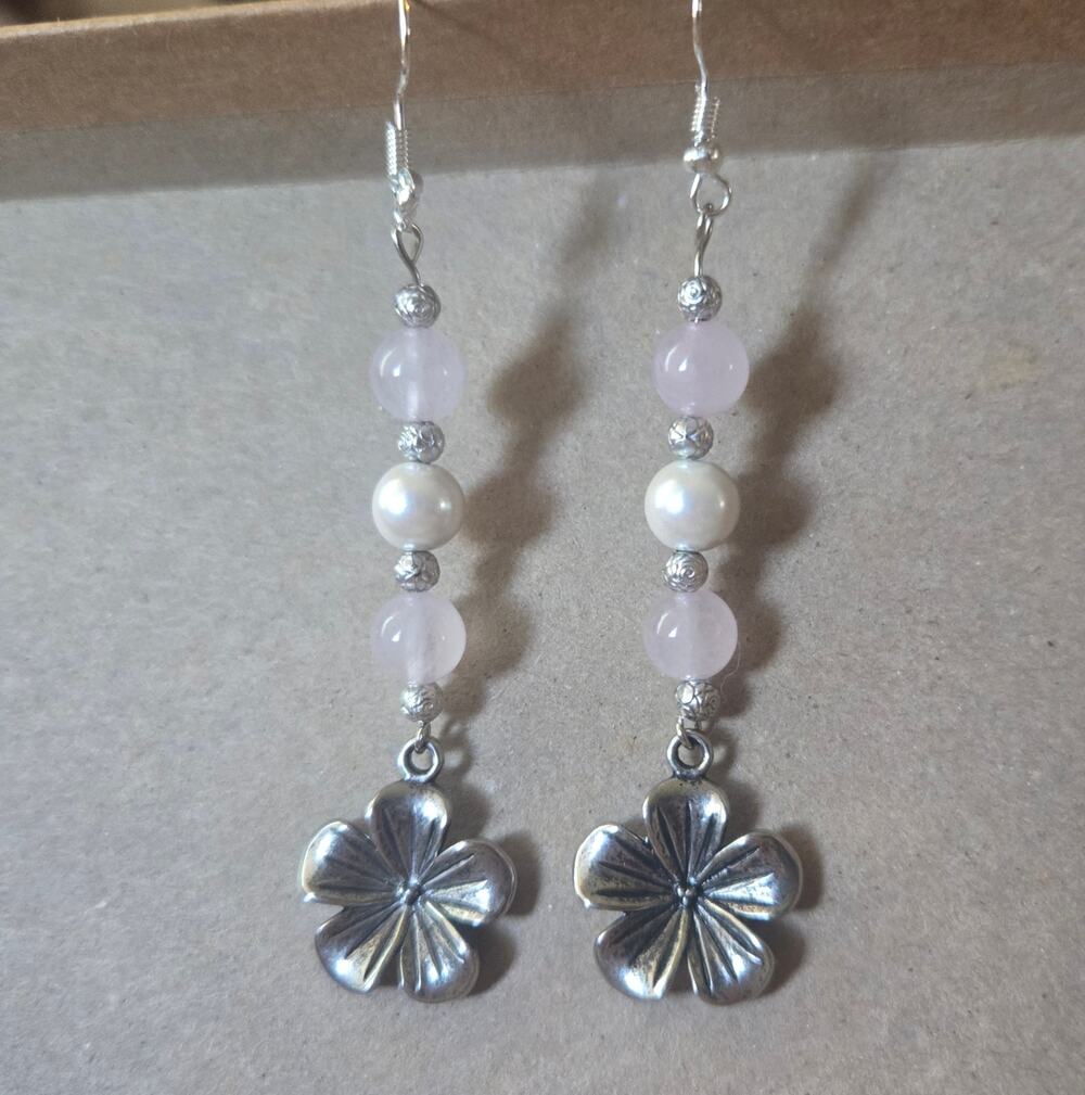 Handcrafted Glass Bead Earrings Dangle Drop Pink White Dainty Feminine Flower